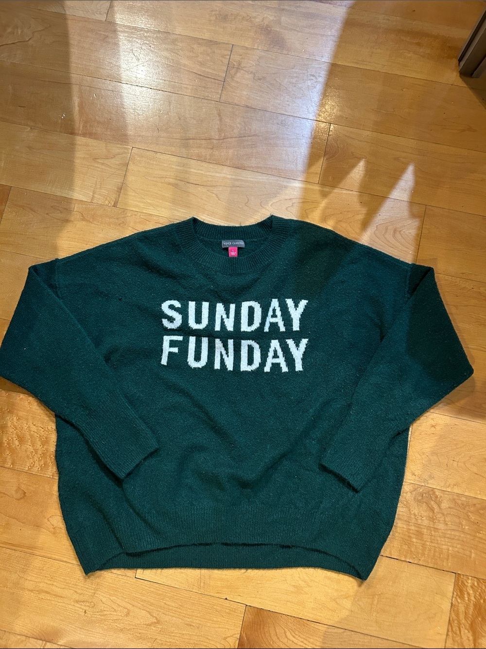 Vince Camuto Forest Green Crewneck Sweater with 'SUNDAY FUNDAY' Text